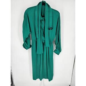 VTG Women's Kelly Green & Black Polka Dot Shawl-Neck Long Sleeve Dress Size L